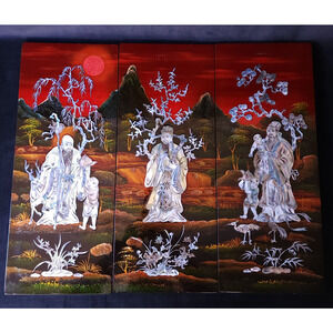 VTG Antique Old Rare 3 Chinese Rosewood Inlay Landscape Asian Wall Art Painting